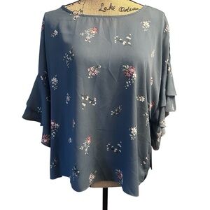 Vince Camuto Slate Blue Floral Ruffle Sleeve Blouse